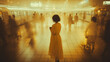 © Antto-AI - woman in white dress stands alone in busy train station, surrounded by blurred figures