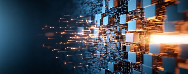 Poster - Abstract digital technology concept with a futuristic design of interconnected data cubes and glowing lines illustrating data transfer.