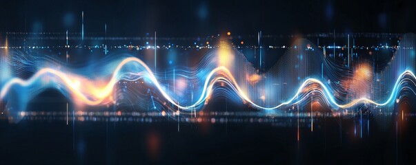 Poster - Abstract digital waveform with vibrant blue and orange light effects on a dark background, representing technology and futuristic concepts.