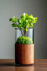 A stylish indoor plant in a glass pot with a wooden base, adding a touch of greenery to any space.