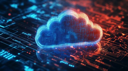 Aufkleber - A glowing digital cloud icon reflects the essence of modern data technology, depicted in blue and red illuminated tones.