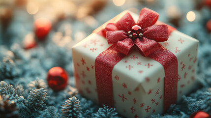 Poster - A Christmas gift box with a bow, isolated on a soft pastel surface,