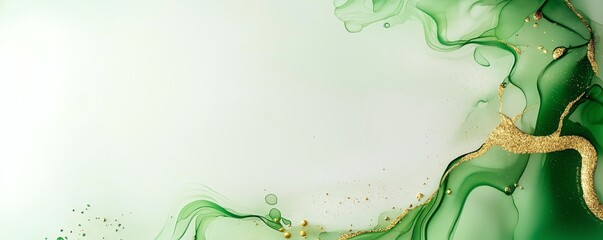 Poster - Abstract green and gold ink art with fluid shapes on a light background, creating a vibrant and elegant design. Perfect for modern decor.