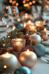 Poster - A Christmas table set with festive dishes and candles, floating on a soft pastel background,