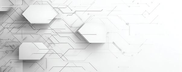 Poster - Abstract technological background with white hexagonal shapes and circuit lines, representing modern technology and innovation.