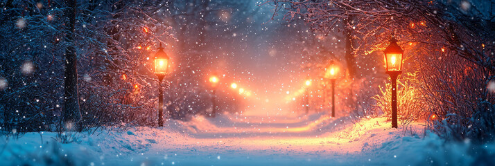 Poster - A snowy path with glowing holiday lanterns, isolated on a light pastel background,
