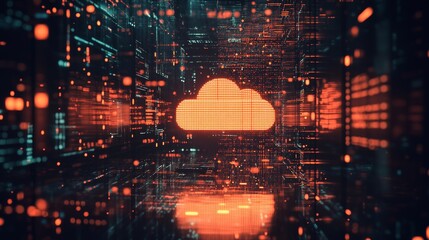 Poster - A digital depiction of a cloud icon surrounded by intricate digital grids, symbolizing cloud computing technology.