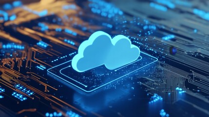 Poster - A blue glowing digital cloud icon sits on a circuit board background, symbolizing cutting-edge cloud technology.