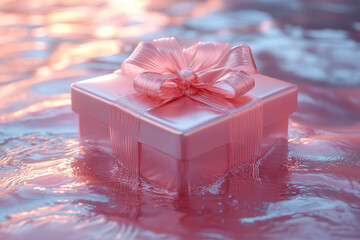 Poster - A beautifully wrapped engagement gift box with a ribbon, floating on a pastel surface,