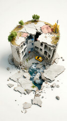 A unique artistic representation of a damaged building with structural collapse, surrounded by nature and a submerged vehicle.