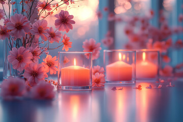 Poster - A table set for a wedding reception, with candles and flowers, floating on a pastel surface,