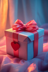 Poster - A gift box with a red bow and heart tag, isolated on a soft pastel backdrop,