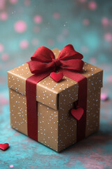 Poster - A gift box with a red bow and heart tag, isolated on a soft pastel backdrop,