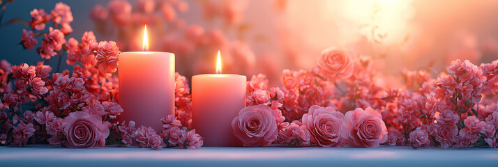 Poster - A romantic dinner setting with candles and roses, isolated on a light pastel background,