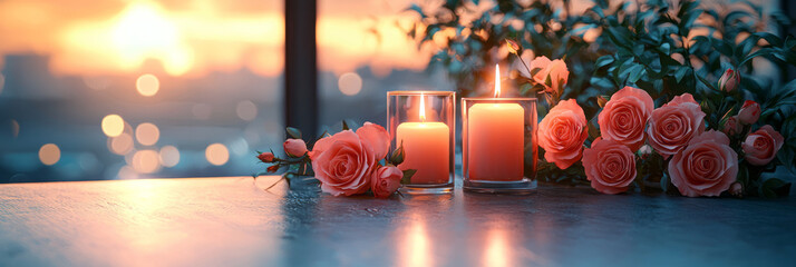 Poster - A romantic dinner setting with candles and roses, isolated on a light pastel background,