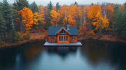 Poster - A small cabin sits on a dock in front of a lake