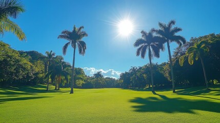 Beautiful green tropical park with tall palm trees against bright blue sky on summer sunny day