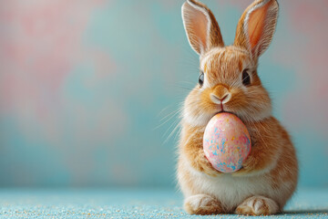 Wall Mural - A bunny holding a painted egg, symbolizing Easter, isolated on a pastel backdrop,