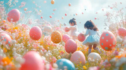 Poster - An Easter egg hunt scene with children searching for eggs, floating on a pastel background,