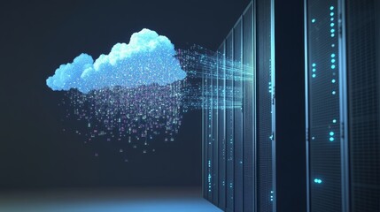 Poster - A digital cloud transfers data to a server rack, symbolizing modern cloud computing and data storage in a futuristic theme.