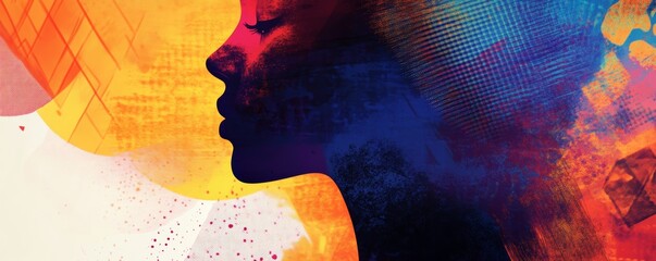 Poster - Silhouette of a woman's profile with colorful abstract background, artistic expression concept