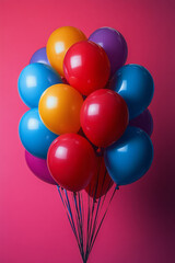 Poster - A bundle of helium balloons floating on a pastel surface, symbolizing birthday celebration,