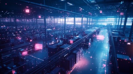 Poster - Vast data center illuminated with neon lights, symbolizing cutting-edge technology and digital infrastructure.