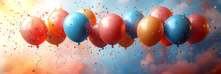 Poster - A cheerful birthday card with balloons and confetti, floating on a pastel background,