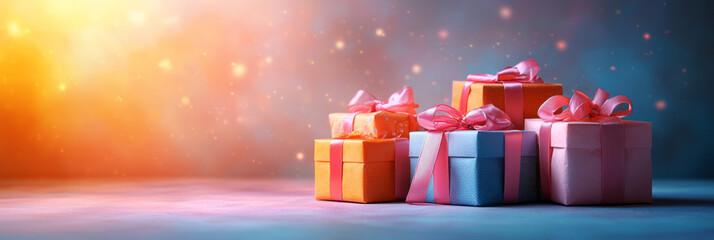 Poster - A stack of birthday presents tied with ribbons, isolated on a soft pastel surface,