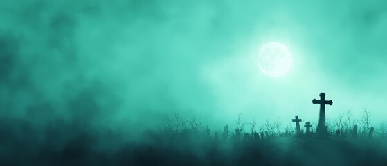 Wall Mural -  A cross stands solo in a foggy field, full moon rising behind