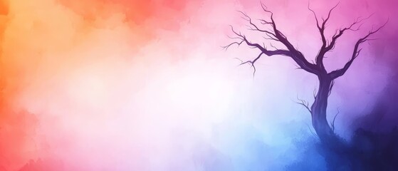 Sticker -  A tree devoid of leaves against a multicolored backdrop, featuring a sky in the distant background