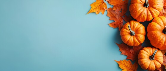 Canvas Print -  A collection of orange pumpkins and autumn leaves against a blue backdrop Insert text or image here 32 tokens..Or, if you'd prefer to keep it