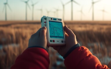 Poster - Engineer Holding GPS Device While Surveying Wind Power Plant