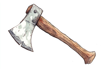 Axe with a wooden handle and a metallic blade, white isolated background.