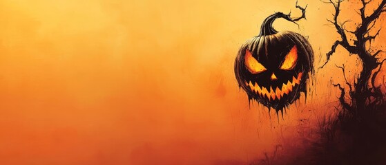 Poster -  A jack-o-lantern hanging from a tree, its spooky face aglow