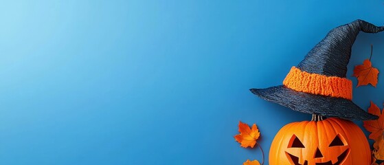 Canvas Print -  A Halloween pumpkin wearing a witch's hat, nestled among leaves and additional pumpkins against a blue backdrop