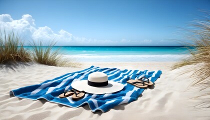 Relaxing beach scene with a blue towel and a sun hat by the ocean