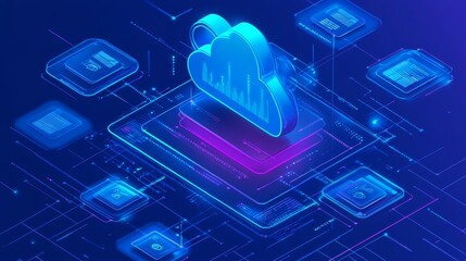 Poster - A cloud computing icon is set against a digital networking backdrop, accentuated by a neon blue technology theme.