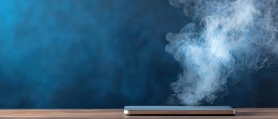 Wall Mural -  A tight shot of a cell phone on a table, emitting copious amounts of smoke from its back