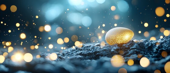 Canvas Print -  A tight shot of a ball atop a rock against a backdrop of out-of-focus lights The foreground features a blurred scene