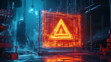 a glowing triangular warning sign is set in a futuristic industrial environment, with blue lighting 