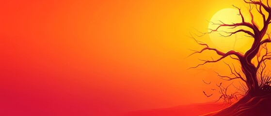 Poster -  A solitary tree devoid of leaves against an orange-pink sky, sun distant, backdrop reddish-yellow