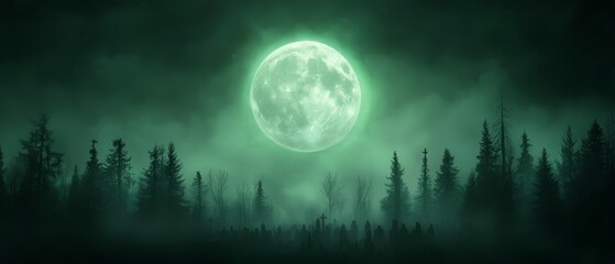 Canvas Print -  A full moon image in the night sky, framed by trees in the foreground and engulfed by foggy background