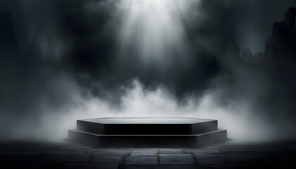 Wall Mural - Abstract stage showcasing product podium with dramatic black smoke backdrop and spotlight illuminating dark concrete floor in an empty studio scene