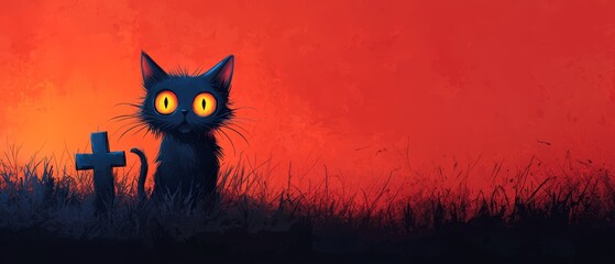 Wall Mural -  A black cat beside a cross atop a grassy field, under a red-hued sky