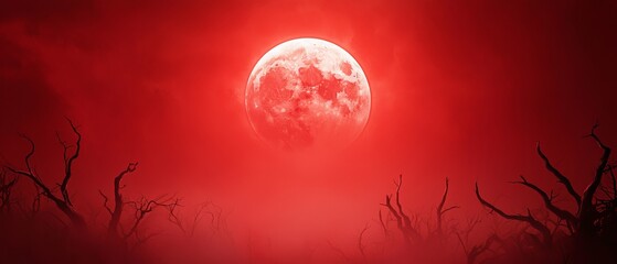 Wall Mural -  A full moon amidst a red forest backdrop, with trees in the foreground; a red sky adorned with clouds in the background