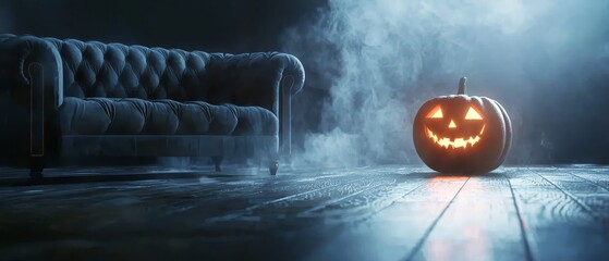 Poster -  A carved jack-o-lantern sits on a weathered wooden floor, near a couch, in a dimly lit room