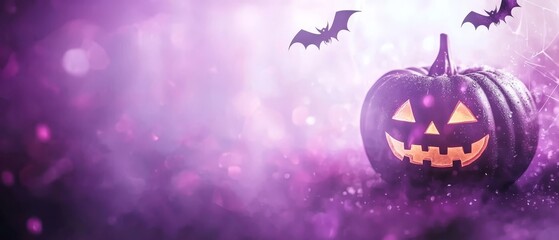  A jack-o-lantern pumpkin with bats emerging from it against a purple and black bokeh background