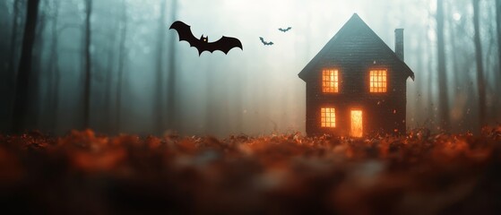 Wall Mural -  In the heart of the fog-shrouded forest lies a spooky house A lone bat flits ominously before its crumbling facade