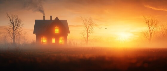 Poster -  A house in a foggy field, sun shining through its windows, smoke rising from chimneys